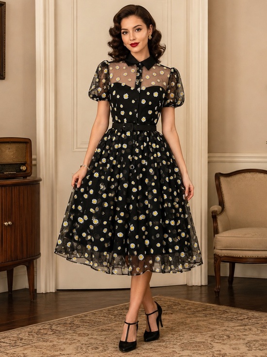 Unique Vintage Dresses & Skirts - UNIQUE VINTAGE Rare Daisy Embroidered Sheer Retro Fit & Flare Dress NWT, Size M
